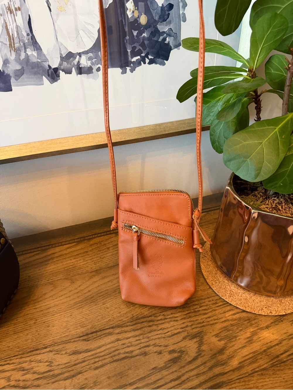 Vera Pelle Small Leather Crossbody in Cognac Orange